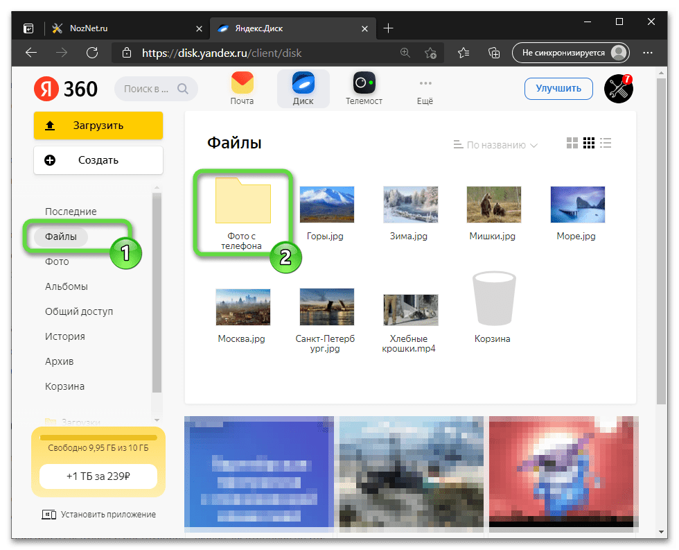 Яндекс.Диск веб-версия - Переход в раздел Файлы, открытие каталога с выгруженными с Андроид-девайса фото