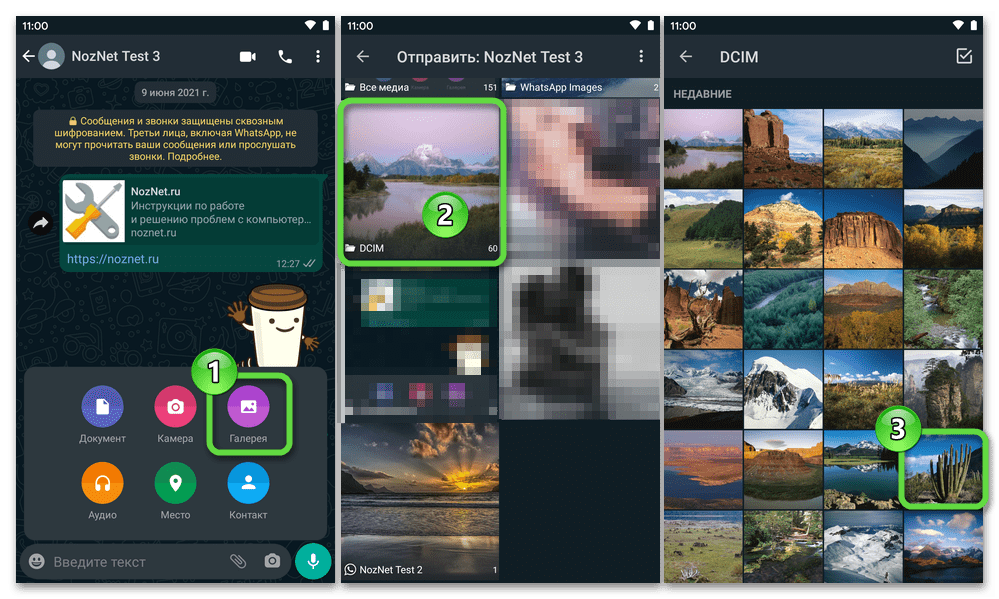 WhatsApp для Android выбор фотографии для передачи через мессенджер на другое устройство в Галерее