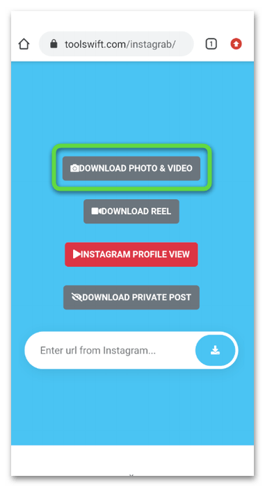 Выбор раздела на сайте для скачивания видео из Instagram на Android через онлайн-сервис InstaGrab