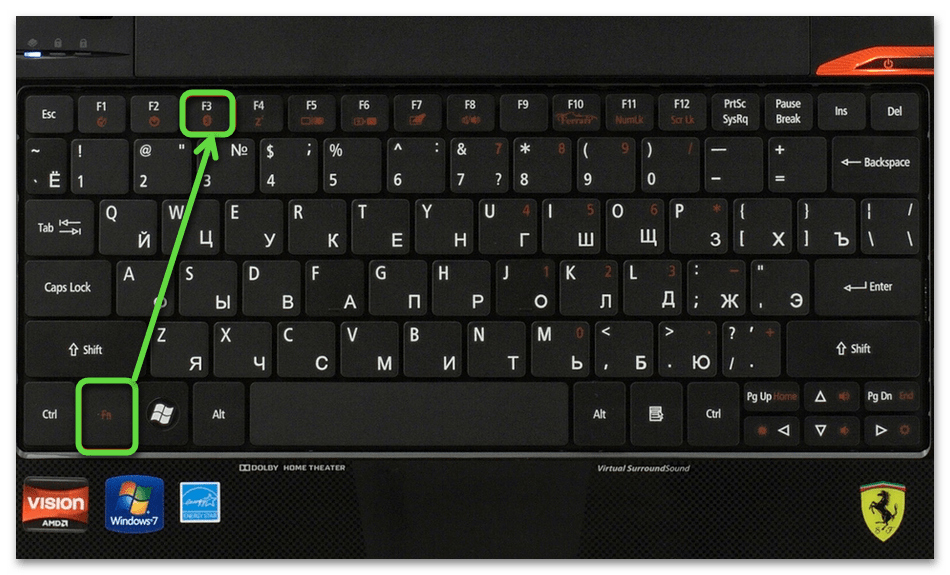 Использование функциональной клавиши для включения Bluetooth в Windows 7